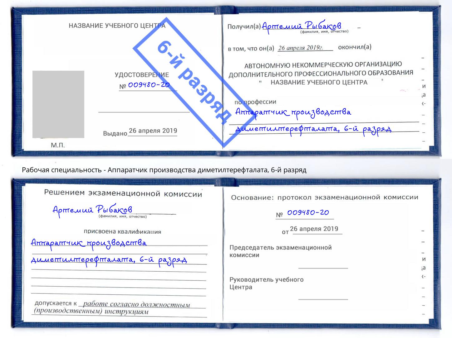 корочка 6-й разряд Аппаратчик производства диметилтерефталата Махачкала