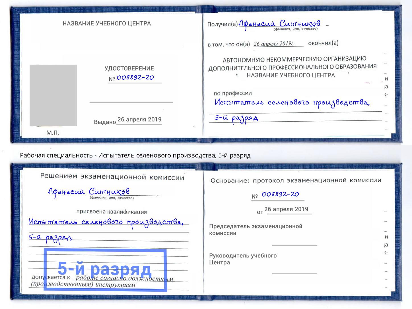 корочка 5-й разряд Испытатель селенового производства Махачкала