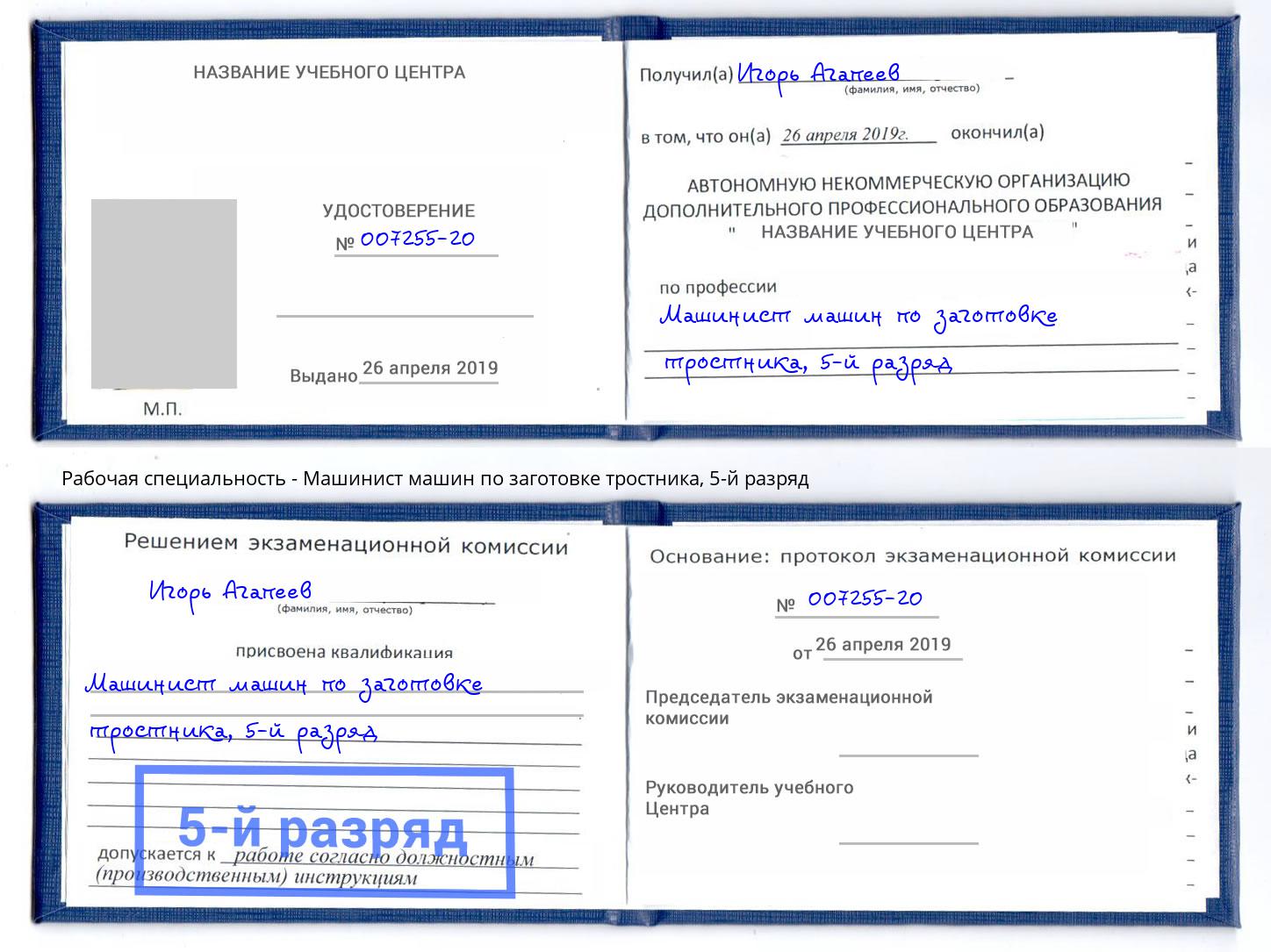 корочка 5-й разряд Машинист машин по заготовке тростника Махачкала